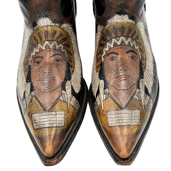 Custom 9D Hand Tooled/ Painted Native American Chief boots Vintage 1995 Western - Picture 2 of 16